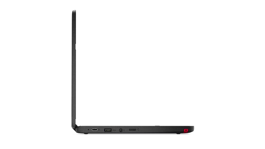 Left-side profile of Lenovo 300e Chromebook Gen 3 device open 90 degrees. 