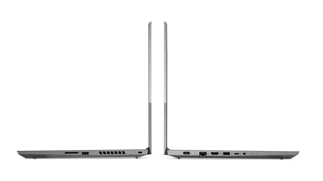 Side view of two back-to-back Lenovo ThinkBook 15p laptops open 90 degrees 