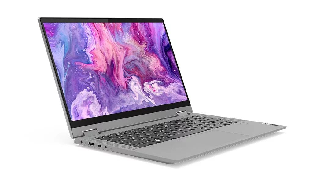 Ansicht des platingrauen IdeaPad Flex 5 Notebooks von schräg hinten links