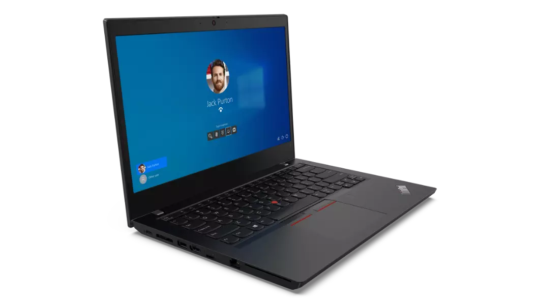 Lenovo ThinkPad L14 Gen 2 (14” AMD) laptop—3/4 left-front view with lid open and display showing Windows login screen.