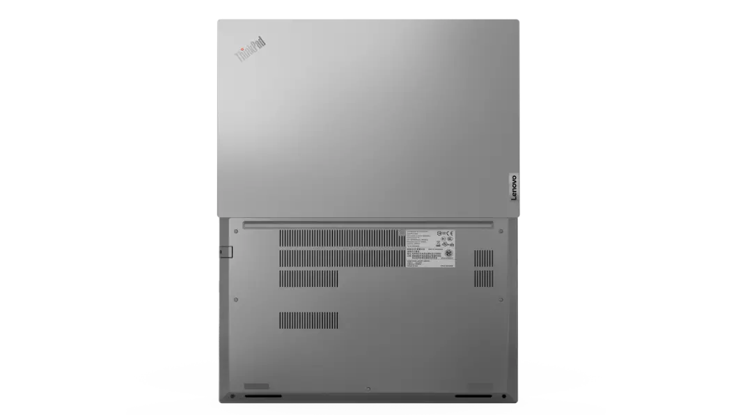 Rear view of silver Lenovo ThinkPad E15 Gen 2 open 180 degrees