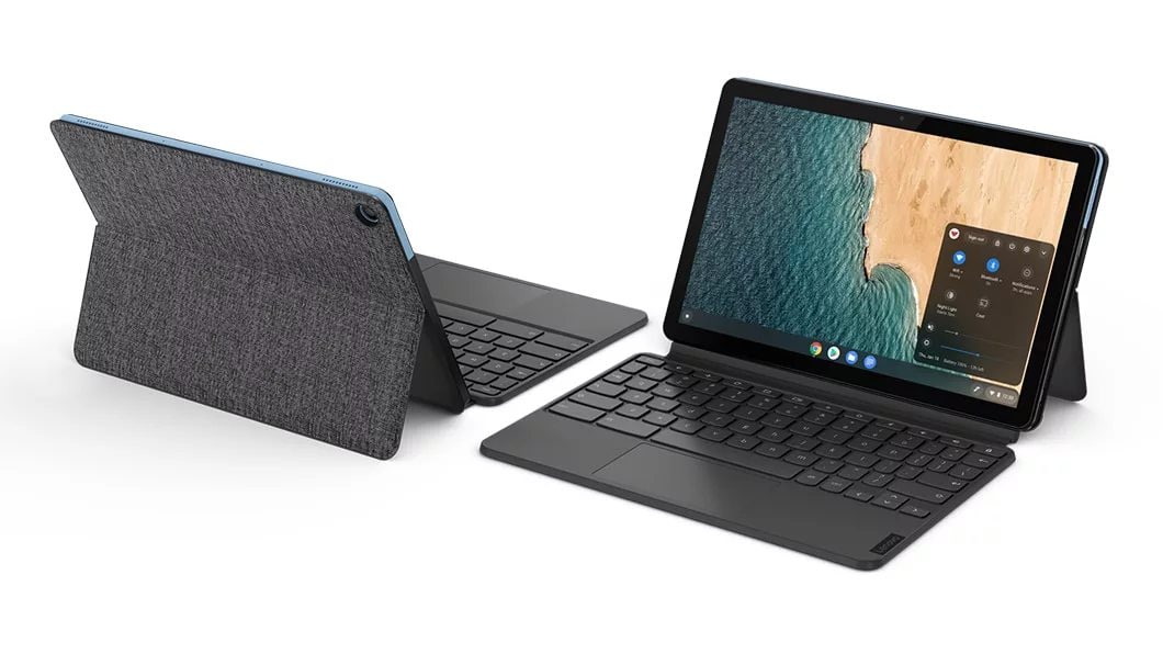 The IdeaPad Duet Chromebook front and rear angled views