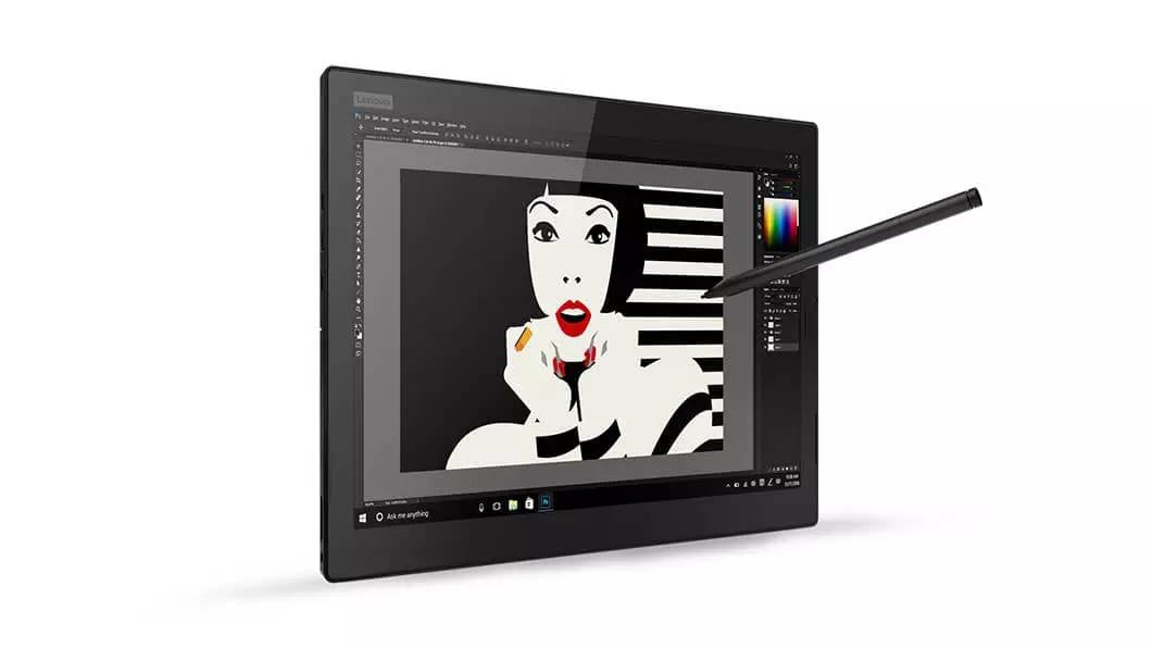View of Lenovo ThinkPad X1 Tablet with pen on display.