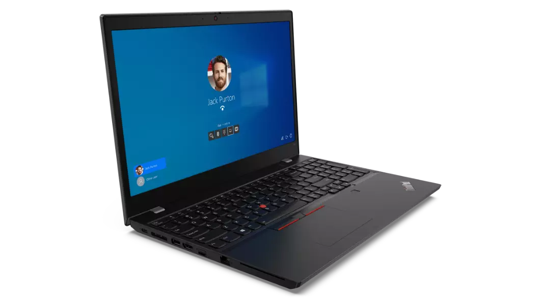 Lenovo ThinkPad L15 Gen 2 (15” AMD) laptop—3/4 left-front view with lid open and display showing Windows login screen.