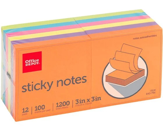 Office Depot Brand Sticky Notes, 3in x 3in, Assorted Vivid Colors, 100  Sheets Per Pad, Pack Of 12 Pads | Lenovo US