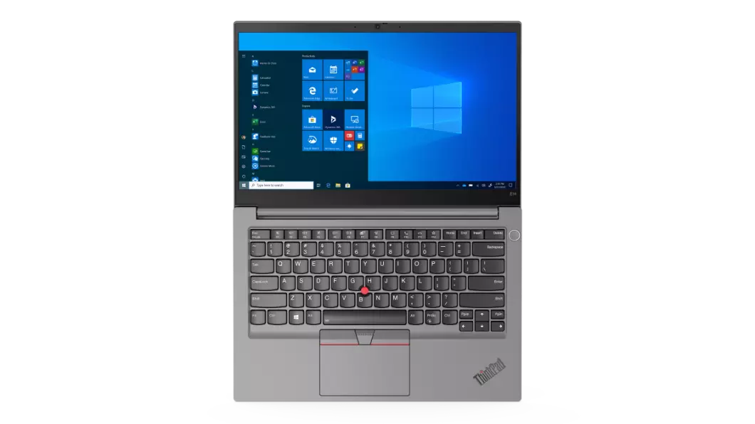 Bovenaanzicht van zilveren Lenovo ThinkPad E14 Gen 2, 180 graden geopend