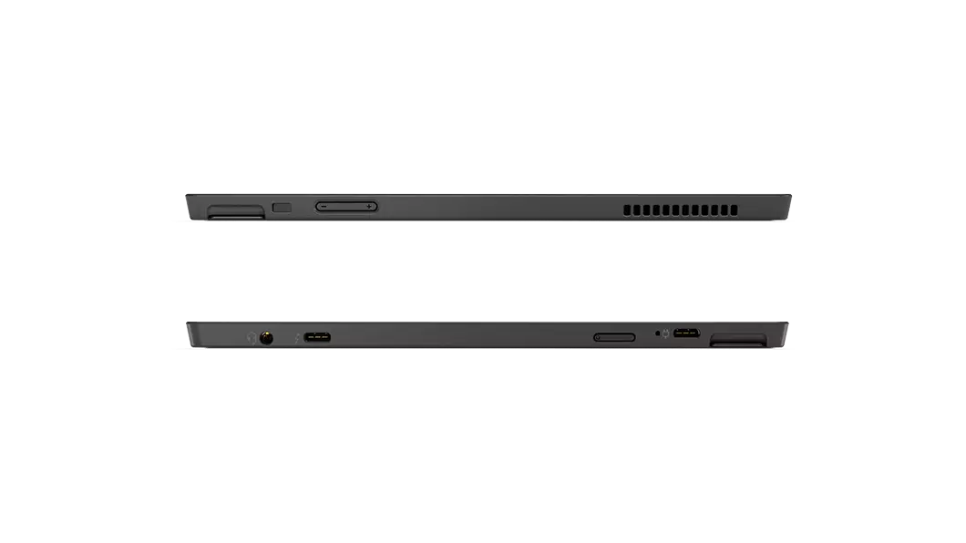 Profilansicht zweier Lenovo ThinkPad X12 Detachable zur Darstellung der Anschlüsse auf der linken und rechten Seite.