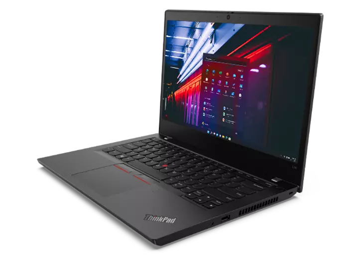 Lenovo ThinkPad L14 Gen 2 (14” AMD) laptop—3/4 right-front view with lid open and display showing image of seaside with red and white blurry lights in motion