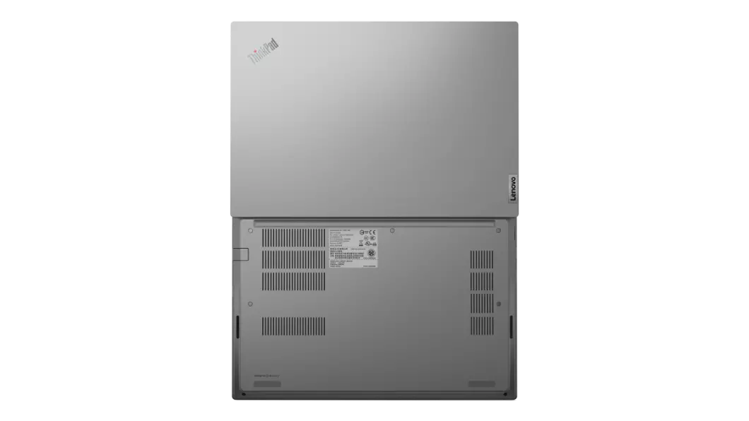 Overhead view of back side of silver Lenovo ThinkPad E14 Gen 2 open 180 degrees.