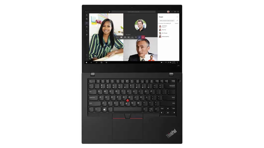 Lenovo ThinkPad L14 Gen 2 (14” AMD) laptop—top/front view with lid open 180 degrees and display showing video conference with four participants.