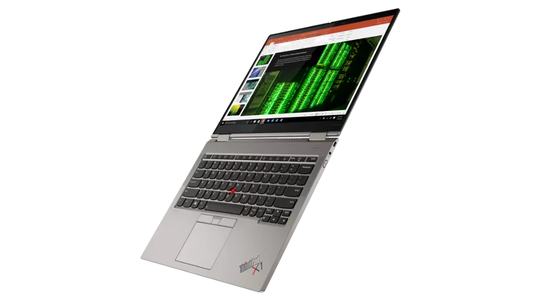 Lenovo ThinkPad X1 Titanium Yoga, åbnet 180 grader og set i profil fra højre side.