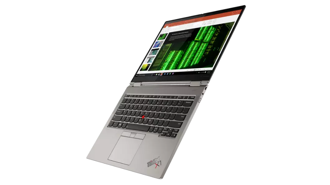 Lenovo ThinkPad X1 Titanium Yoga open 180 degrees and showing right-side profile.