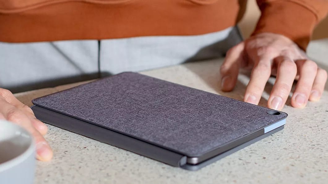 The IdeaPad Duet Chromebook closed on a kitchen counter