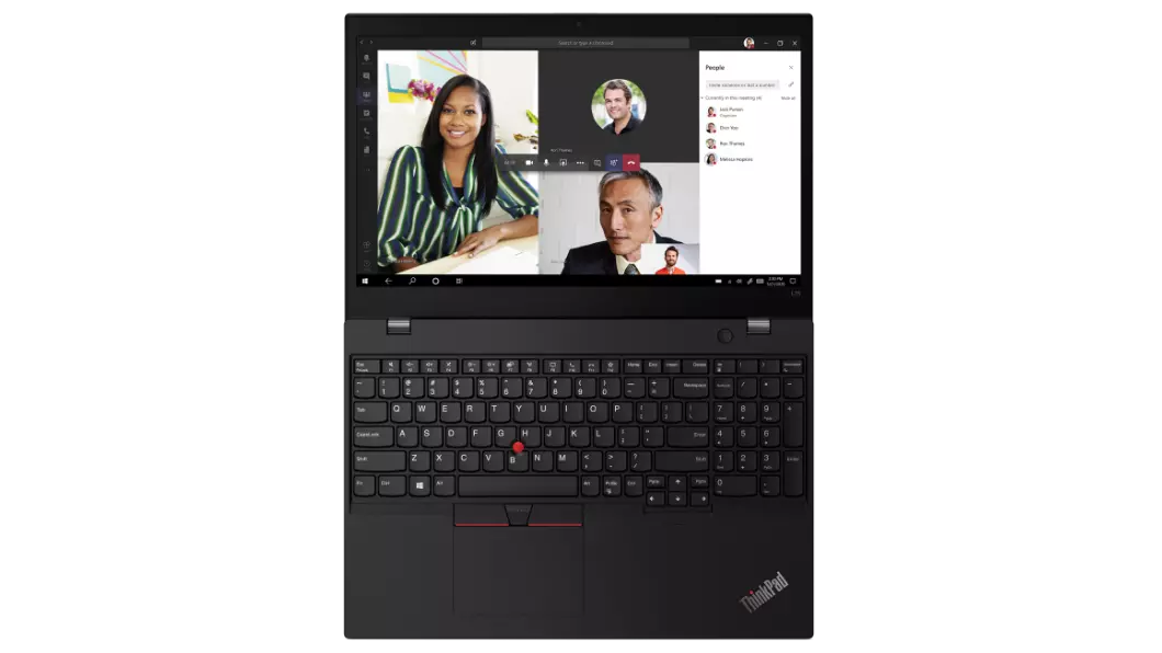 Lenovo ThinkPad L15 Gen 2 (15” AMD) laptop—top/front view with lid open 180 degrees and display showing video conference with four participants.