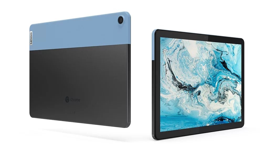 The IdeaPad Duet Chromebook tablet, front and back views