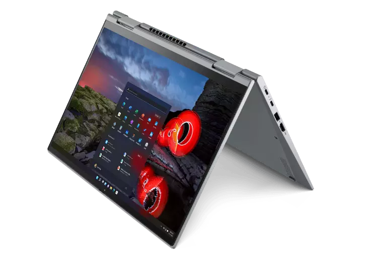 14” Lenovo ThinkPad X1 Yoga Gen 6 2-in-1 laptop in tent mode, angled to show left-side ports.