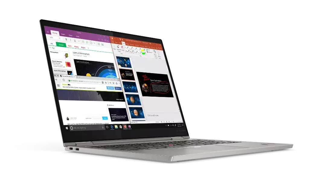 Ordinateur portable Lenovo ThinkPad X1 Titanium Yoga ouvert à 90 degrés, légèrement tourné pour présenter le profil gauche.