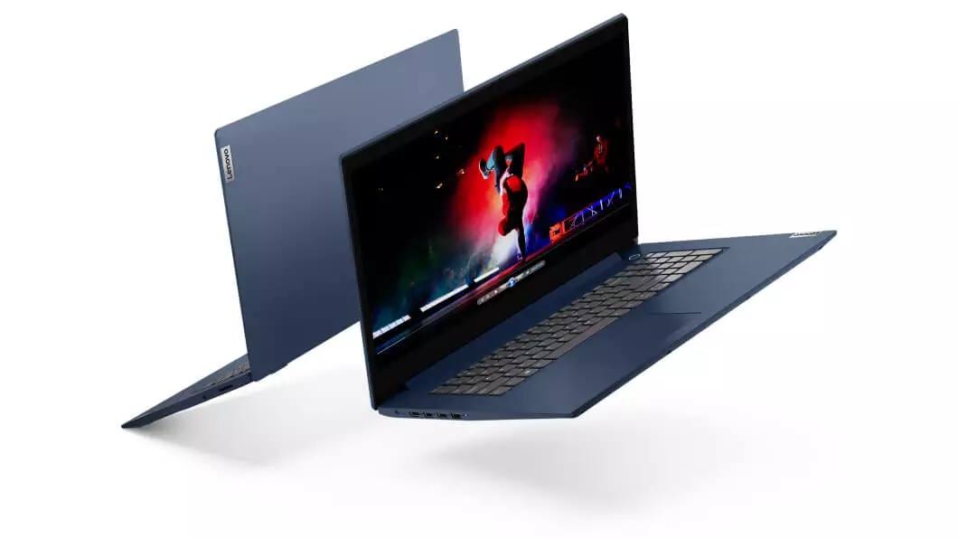 View of front and rear of two Lenovo Ideapad 3(17", AMD) laptops in blue color
