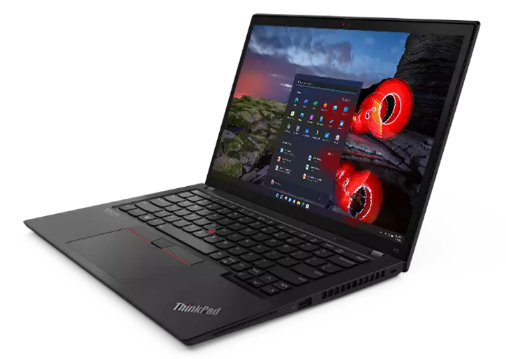 Lenovo ThinkPad X13 Gen 2 (13" AMD) laptop – ¾ right-front view, with lid open and image of seascape with red and white motion blurs on the display