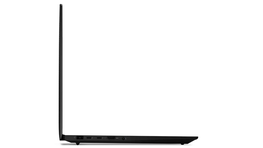 X1 Extreme Gen 5 (16'', Intel) ‑kannettava vasemmalta kuvattuna, avattuna 90 astetta, näytön reuna ja liitännät näkyvissä