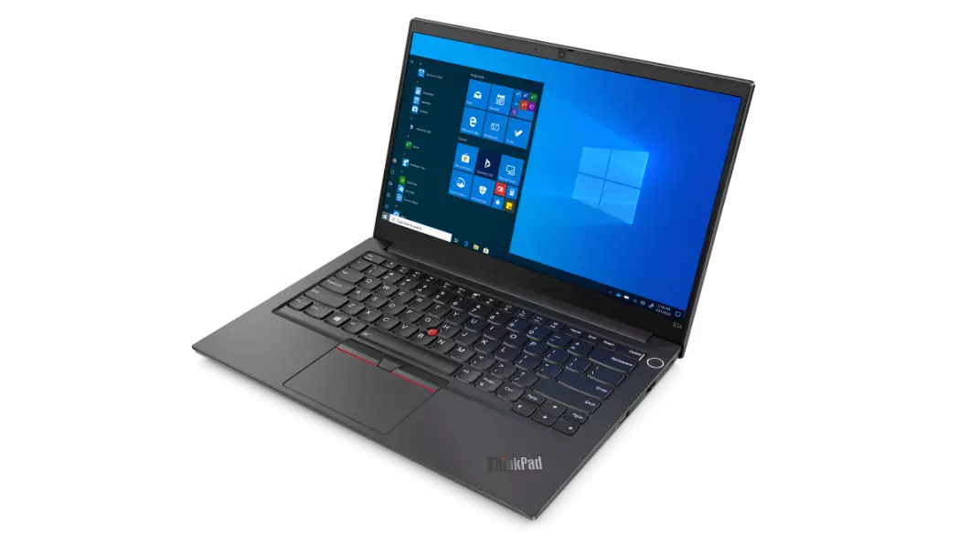 Musta Lenovo ThinkPad E14 Gen 2, kolmen neljäsosan näkymä vasemmalta