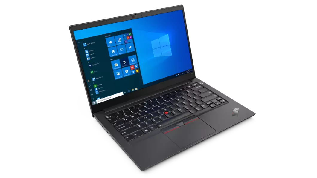 Vue de trois quarts droite du Lenovo ThinkPad E14 Gen 2, modèle noir