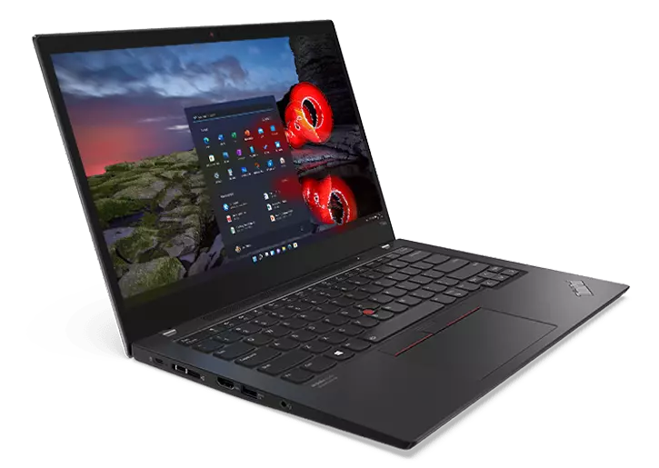 Black Lenovo ThinkPad T14s Gen 2 (14” AMD) laptop open 90 degrees, angled to show left-side ports, keyboard, and display.