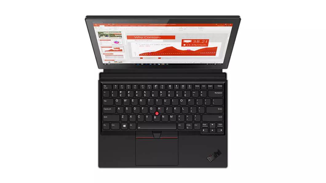 Overhead view of Lenovo ThinkPad X1 Tablet, showing keyboard and display.