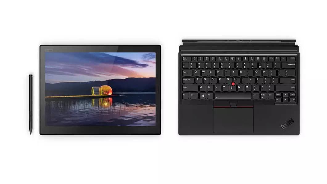 Pen, Lenovo ThinkPad X1 Tablet, and keyboard side-by-side.