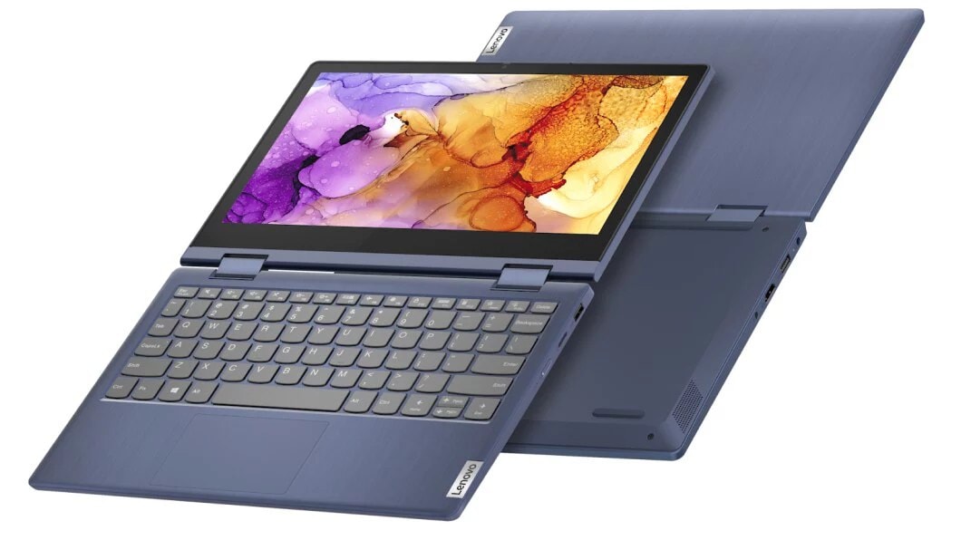 Two Abyss Blue Lenovo IdeaPad Flex 3 11 ADA laptops, one front view on rear view, open 180 degrees