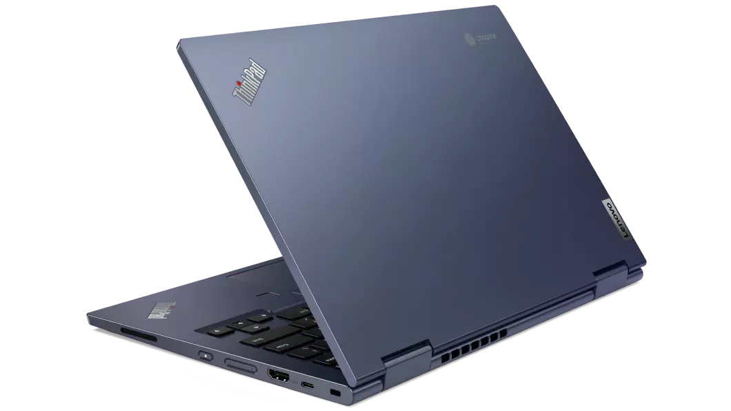Left-angled rear view of the ThinkPad C13 Yoga Chromebook laptop