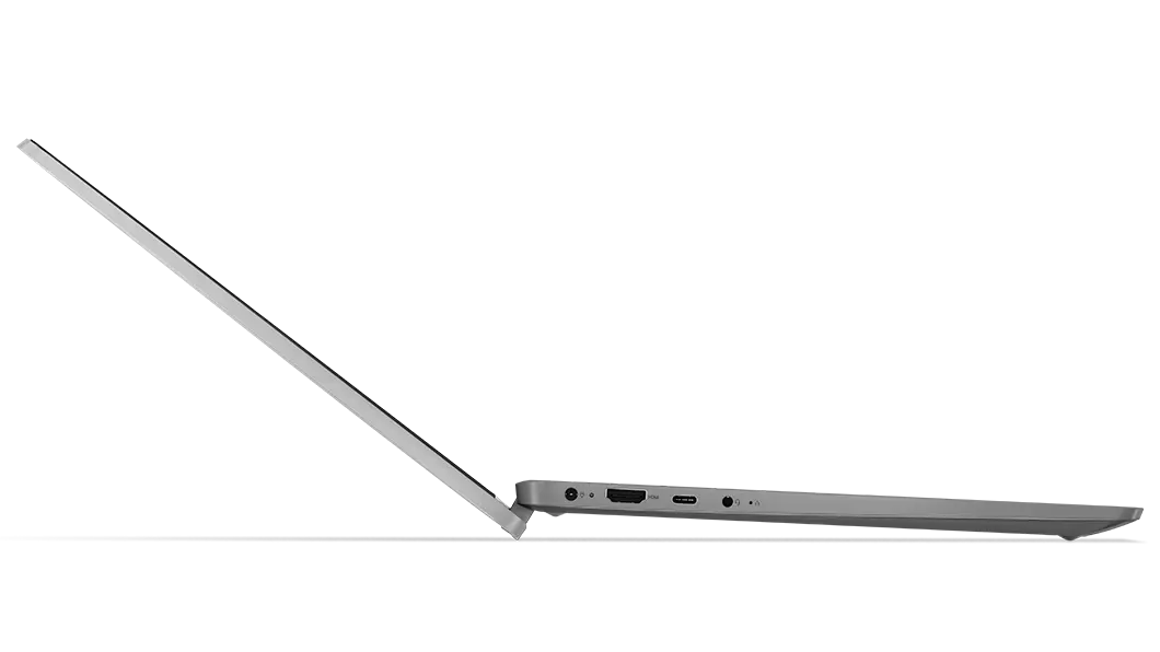 Vista del perfil izquierdo del portátil 2-en-1 Lenovo IdeaPad Flex 5 de 7.ª generación [35,56 cm (14''), AMD] en modo portátil y con la tapa abierta