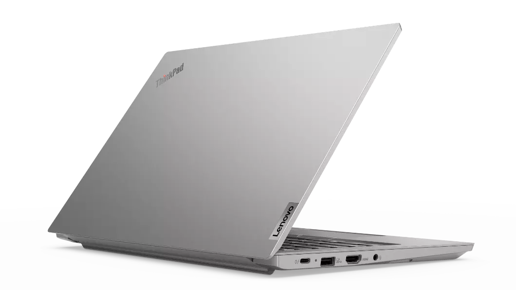 Rear right three-quarter view of silver Lenovo ThinkPad E14 Gen 2.