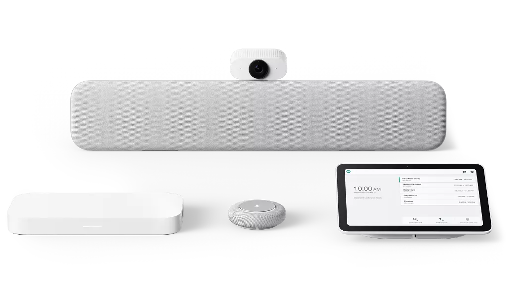 Lenovo ThinkSmart Google Meet Room Kit met speakerbar, standaardcamera, computer, microfoonpod en touchcontroller in krijtwit