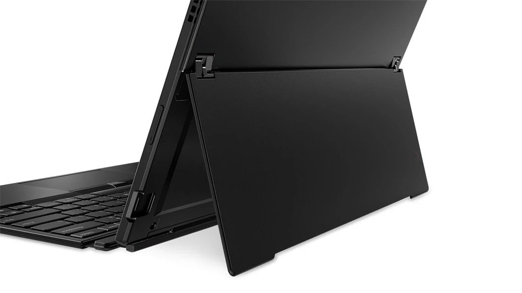 Close-up of back-side kickstand on Lenovo ThinkPad X1 Tablet, in Laptop Mode.