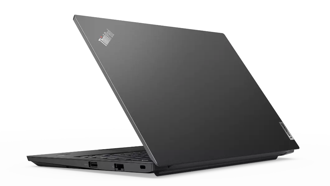 Black Lenovo ThinkPad E14 Gen 2 in rear left-three-quarter view.