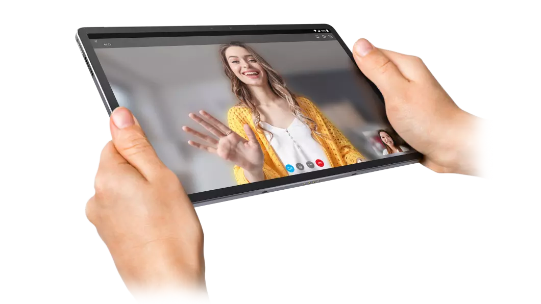 Two hands holding Lenovo Tab P11 Pro tablet in left three-quarter view