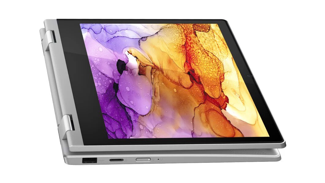 Left side view of silver Lenovo IdeaPad Flex 3 11 ADA in tablet mode