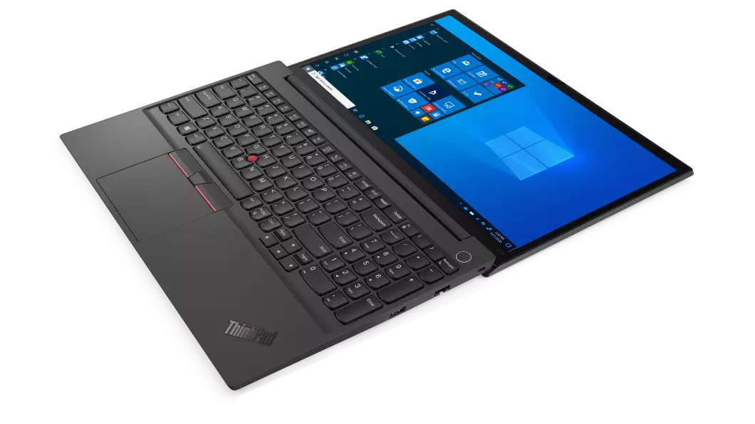 Right three-quarter view of black Lenovo ThinkPad E15 Gen 2 open 180 degrees