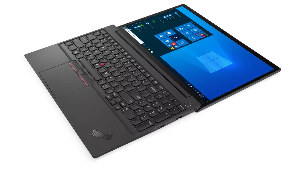 Driekwartaanzicht vanaf rechts van zwarte Lenovo ThinkPad E15 Gen 2, 180 graden geopend