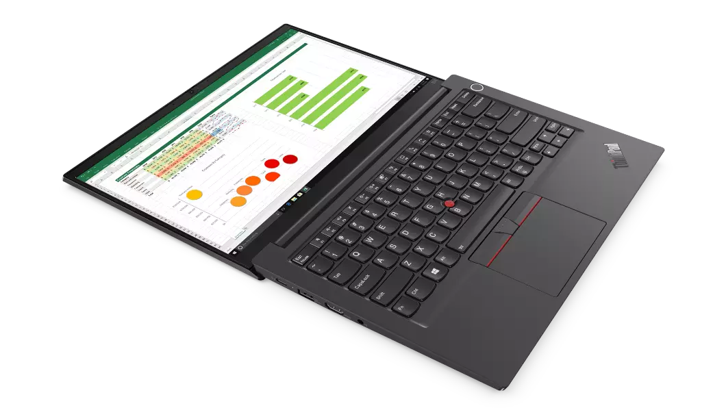 Vue de trois quarts gauche du Lenovo ThinkPad E14 Gen 2, modèle noir, ouvert à 180 degrés