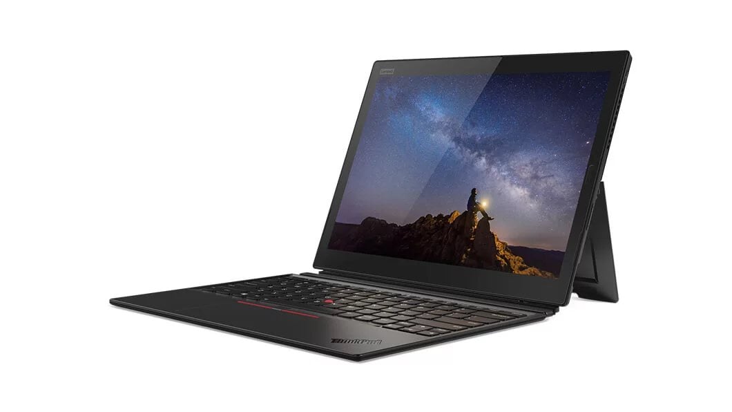 Angled right-side view of Lenovo ThinkPad X1 Tablet with keyboard in Laptop Mode.