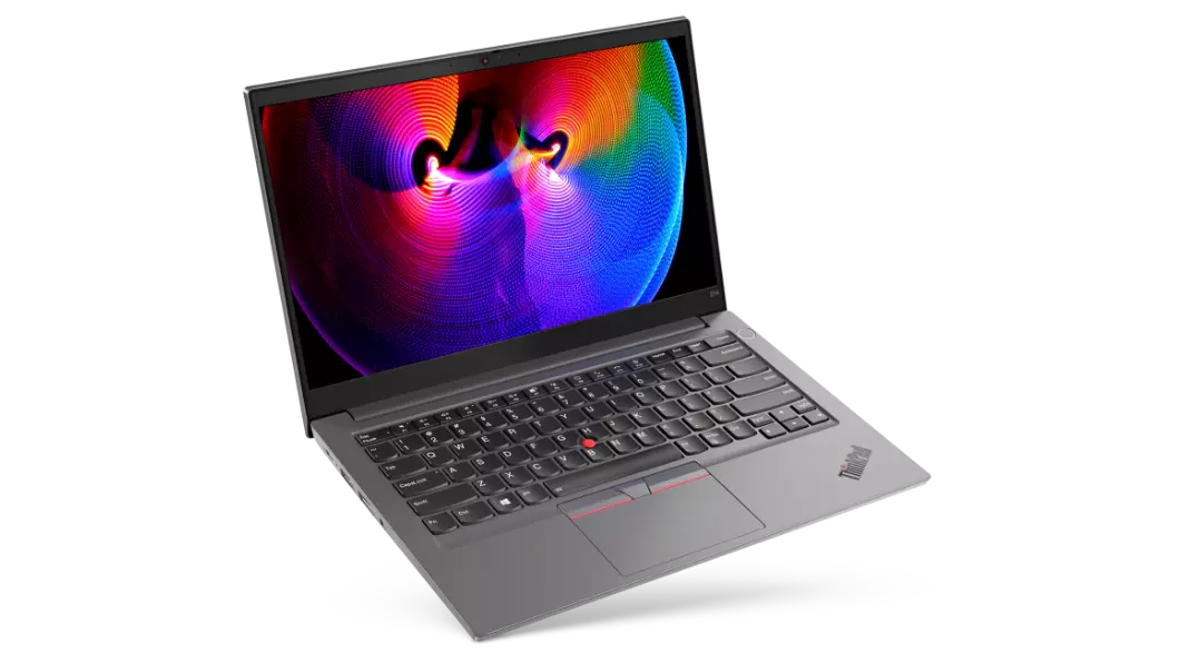 Rechte Dreiviertelansicht des silbernen Lenovo ThinkPad E14 Gen 2, leicht geneigt, auf der vorderen rechten Ecke stehend