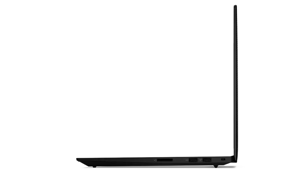 Vista lateral derecha del portátil Extreme X1 de 5.ª generación (16'' Intel), abierto 90 grados, que muestra el borde de la pantalla y los puertos