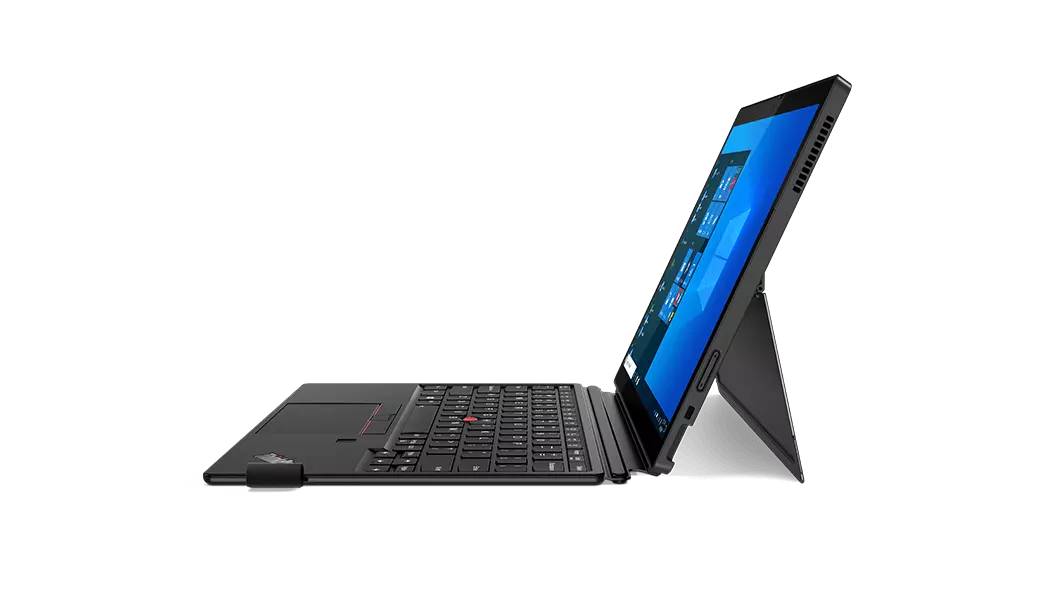 Vista del lado derecho de la tablet Lenovo ThinkPad X12 Detachable conectada al teclado opcional.
