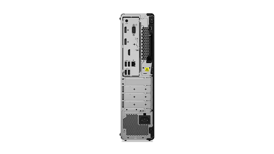 Rear side of Lenovo ThinkCentre M90s Gen 2 small form factor positioned vertically showing ports and slots.