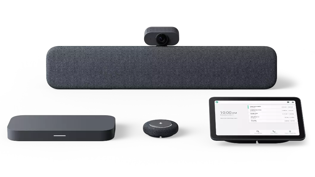 Lenovo ThinkSmart Google Meet Room Kit met speakerbar, standaardcamera, computer, microfoonpod en touchcontroller in asgrijs