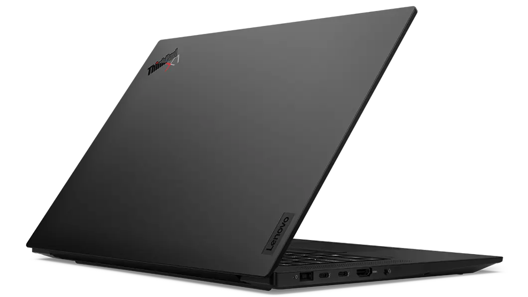 Rear-facing, right-side view of X1 Extreme Gen 5 (16” Intel) laptop, opened slightly, showing top cover, part of keyboard, and ports