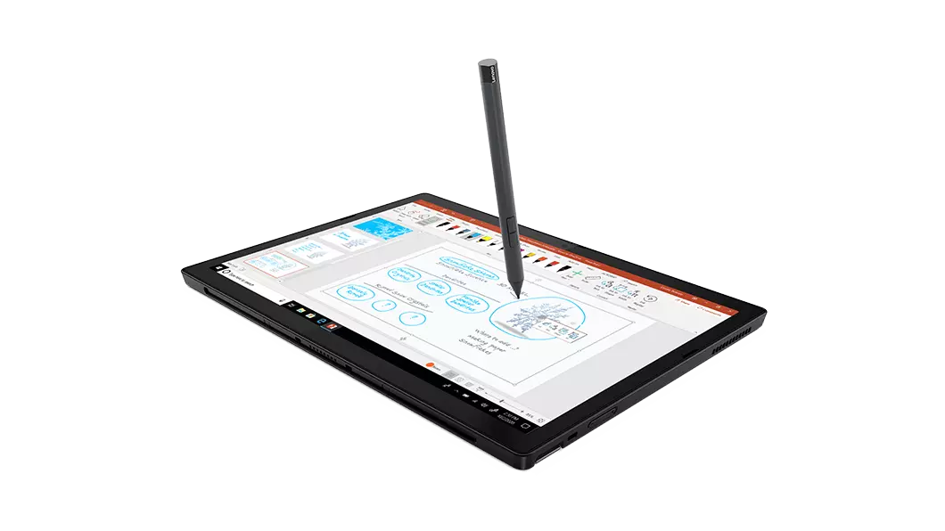 Lenovo ThinkPad X12 Detachable en modo tablet con lápiz opcional.
