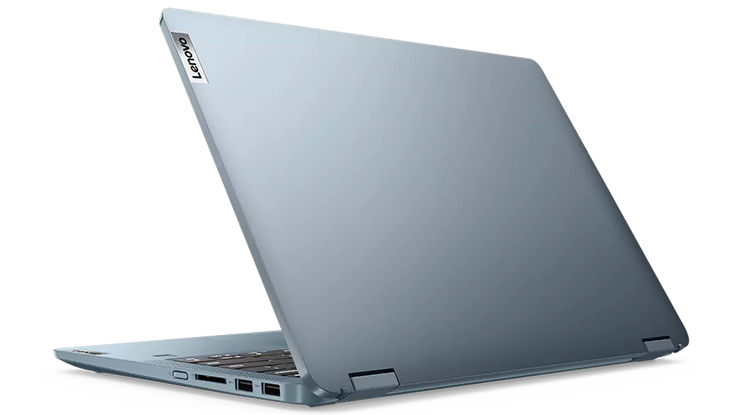Vista a ¾ del lateral derecho trasero de la notebook 2 en 1 Lenovo IdeaPad Flex 5 7ma Gen (14”, AMD) en modo portátil y con la tapa parcialmente abierta